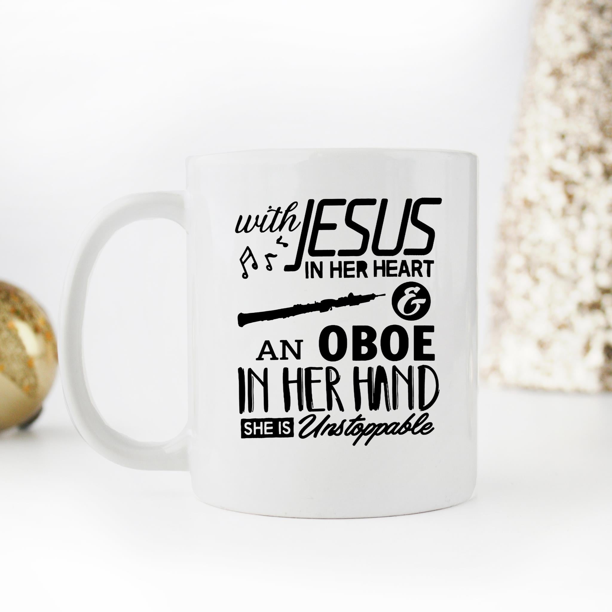 Skitongifts Funny Ceramic Novelty Coffee Mug With Jesus In Her Heart Oboe In Her Hand Marching Band Oboe Player Idea For Teacher Students