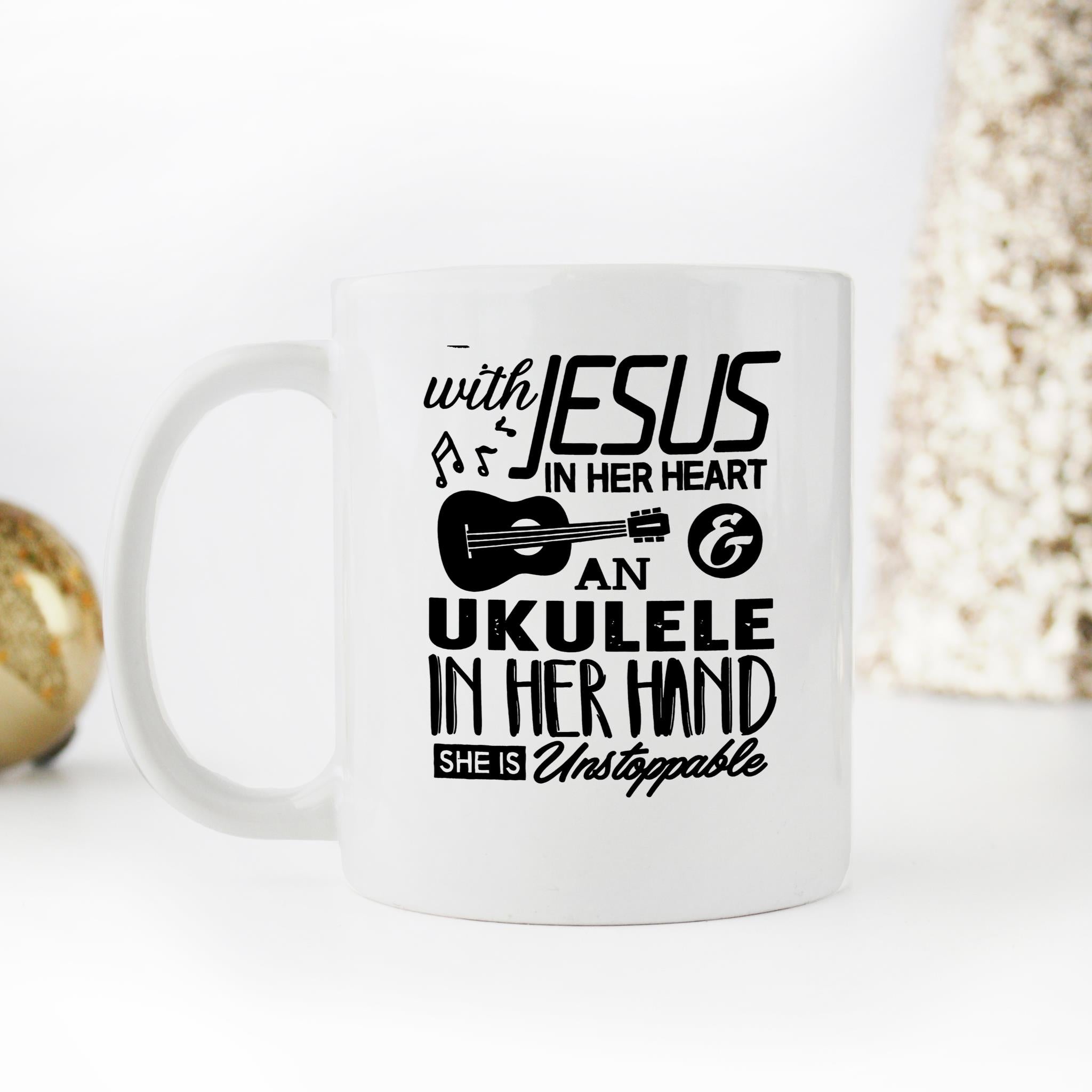 Skitongifts Funny Ceramic Novelty Coffee Mug With Jesus In Her Heart Ukulele In Her Hand Marching Band Ukulele Player Idea For Teacher Students