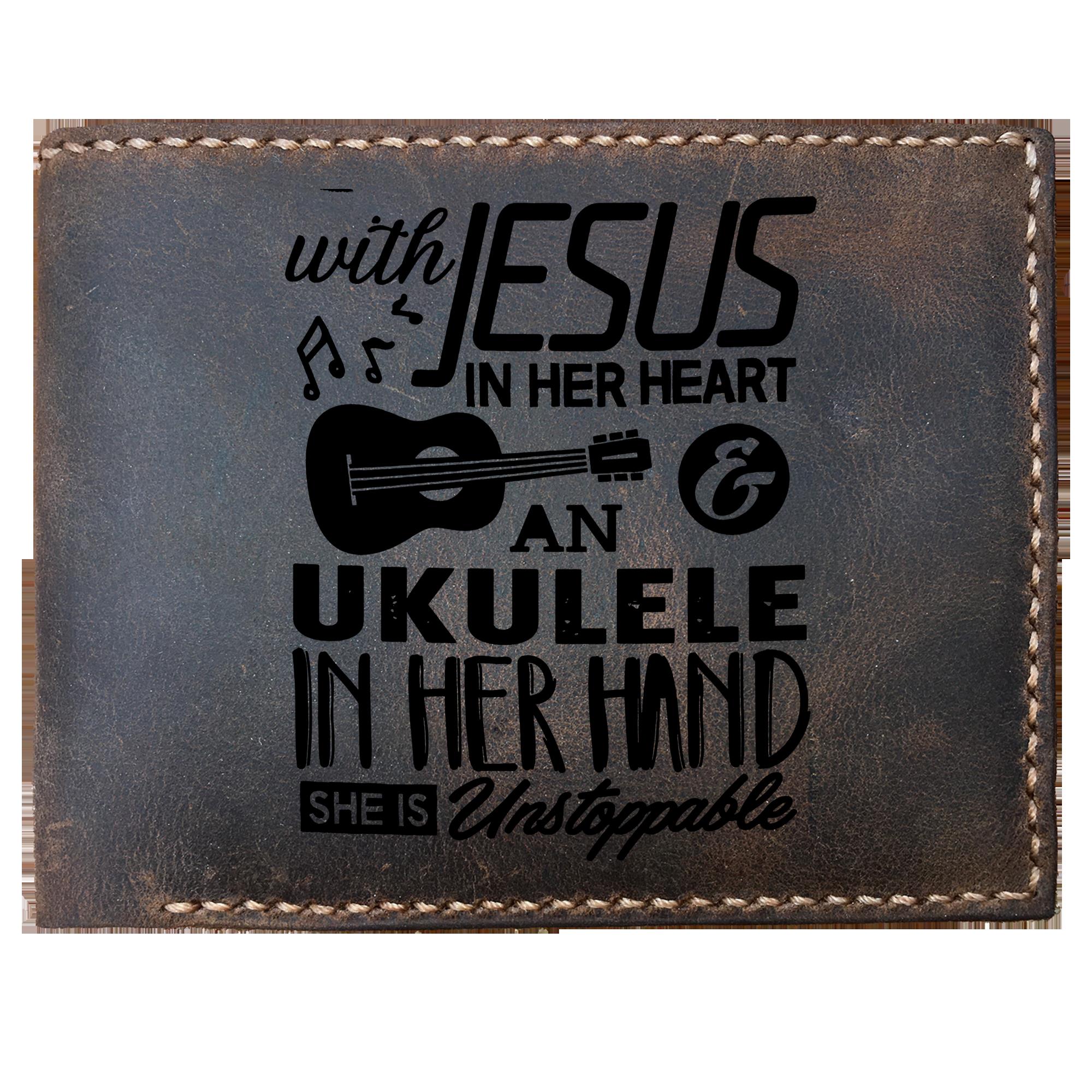 Skitongifts Funny Custom Engraved Bifold Leather Wallet, With Jesus In Heart Ukulele In Hand Marching Band Ukulele Player For Teacher Students