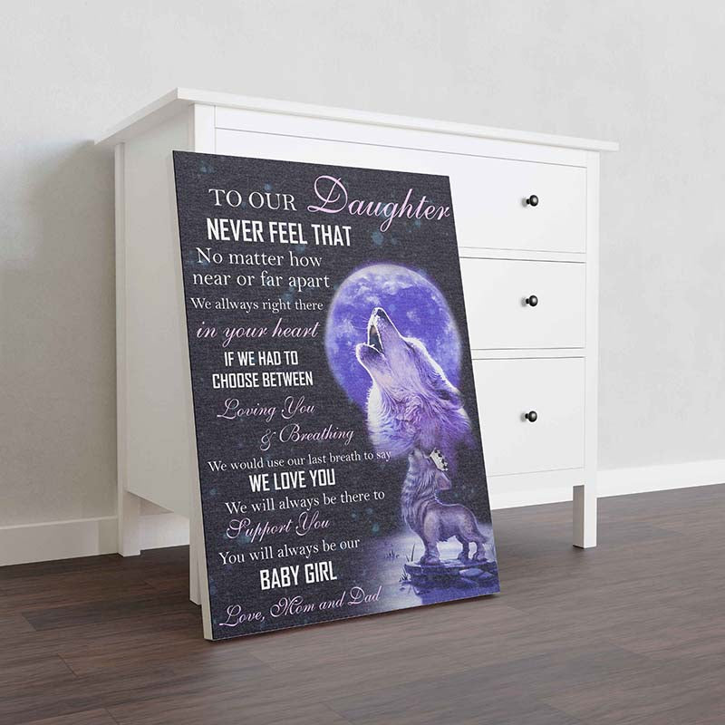 Skitongifts Wall Decoration, Home Decor, Decoration Room Wolf To Our Daughter Never Fell That You Are Alone In Your Heart Love Mom And Dad TT2512