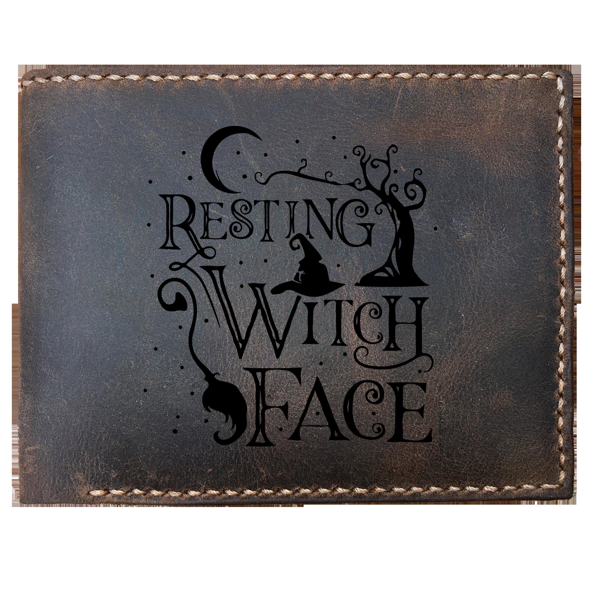 Skitongifts Funny Custom Laser Engraved Bifold Leather Wallet For Men, Women Girls Funny Halloween Resting Witch Face