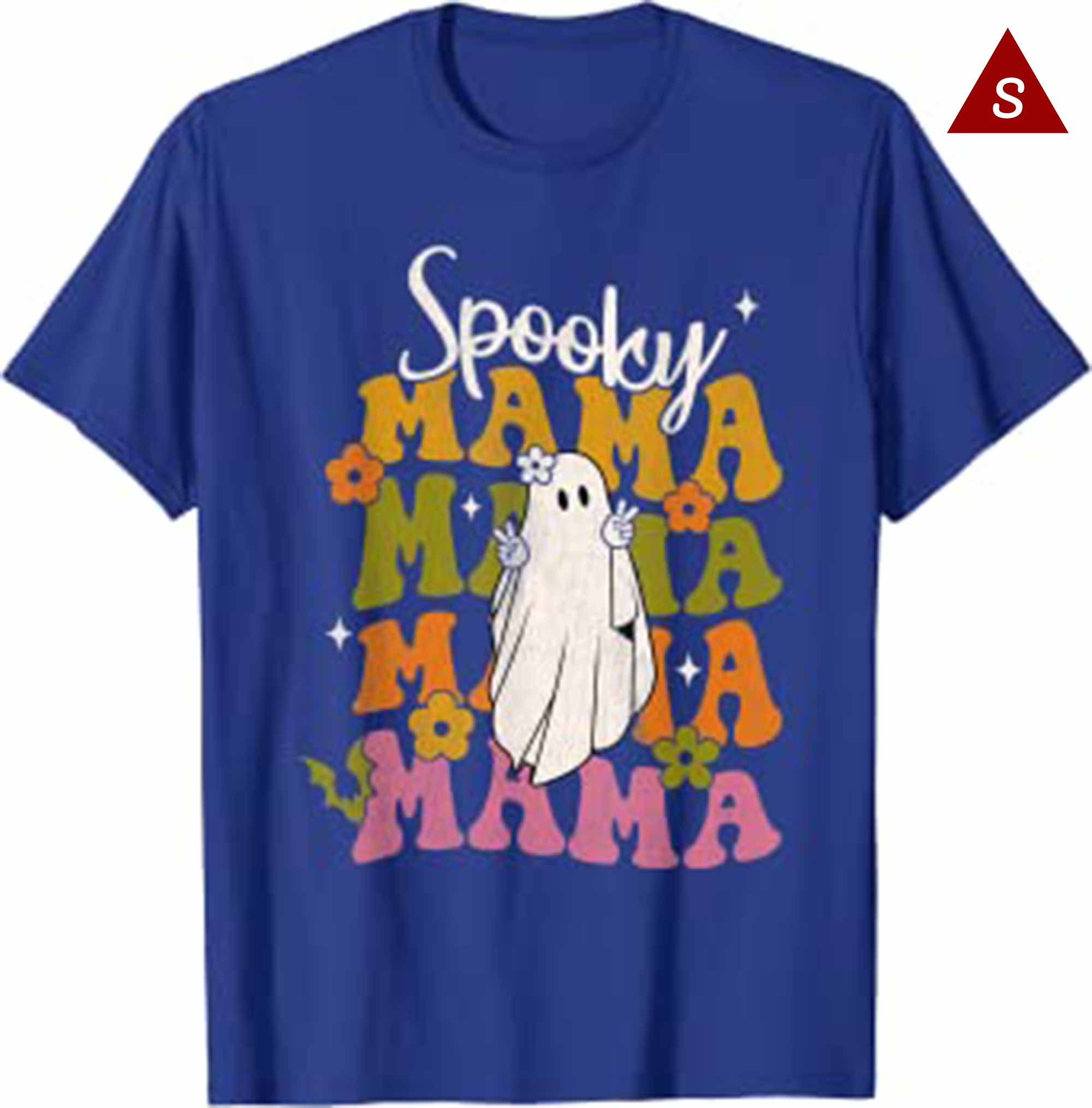 Skitongift Women Retro Groovy Spooky Mama Hippie Halloween Floral Ghost T Shirt