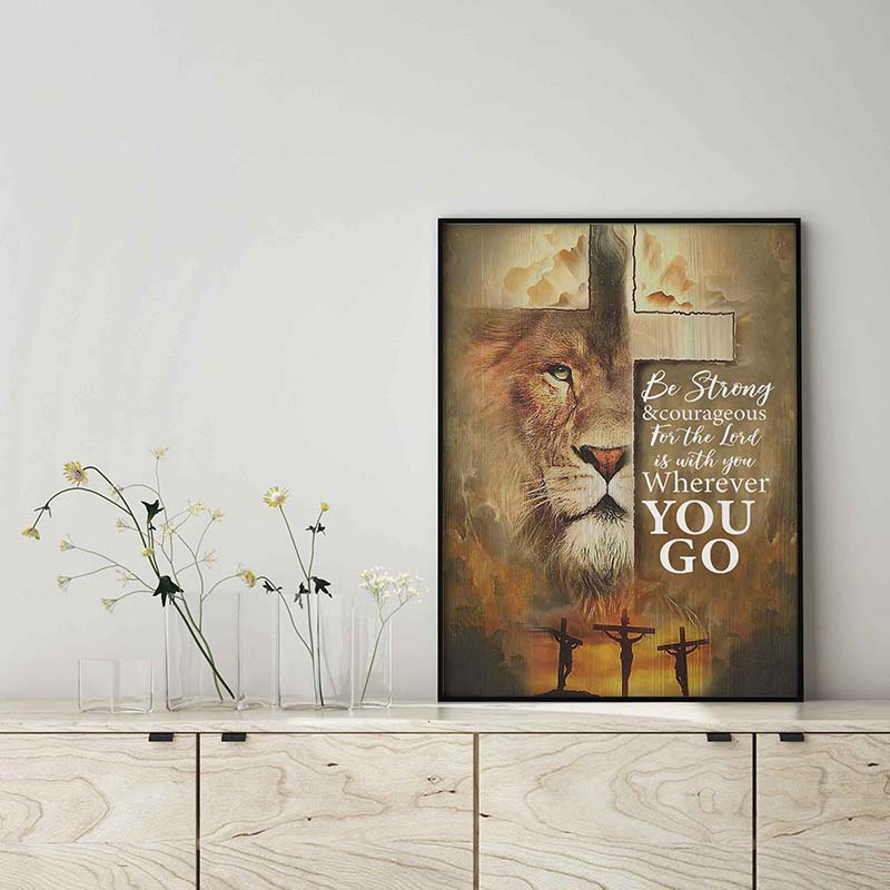 Skitongifts Wall Decoration, Home Decor, Decoration Room Wood Be Strong And Courageous Lion Joshua 1 9 Bible Verse TT1602