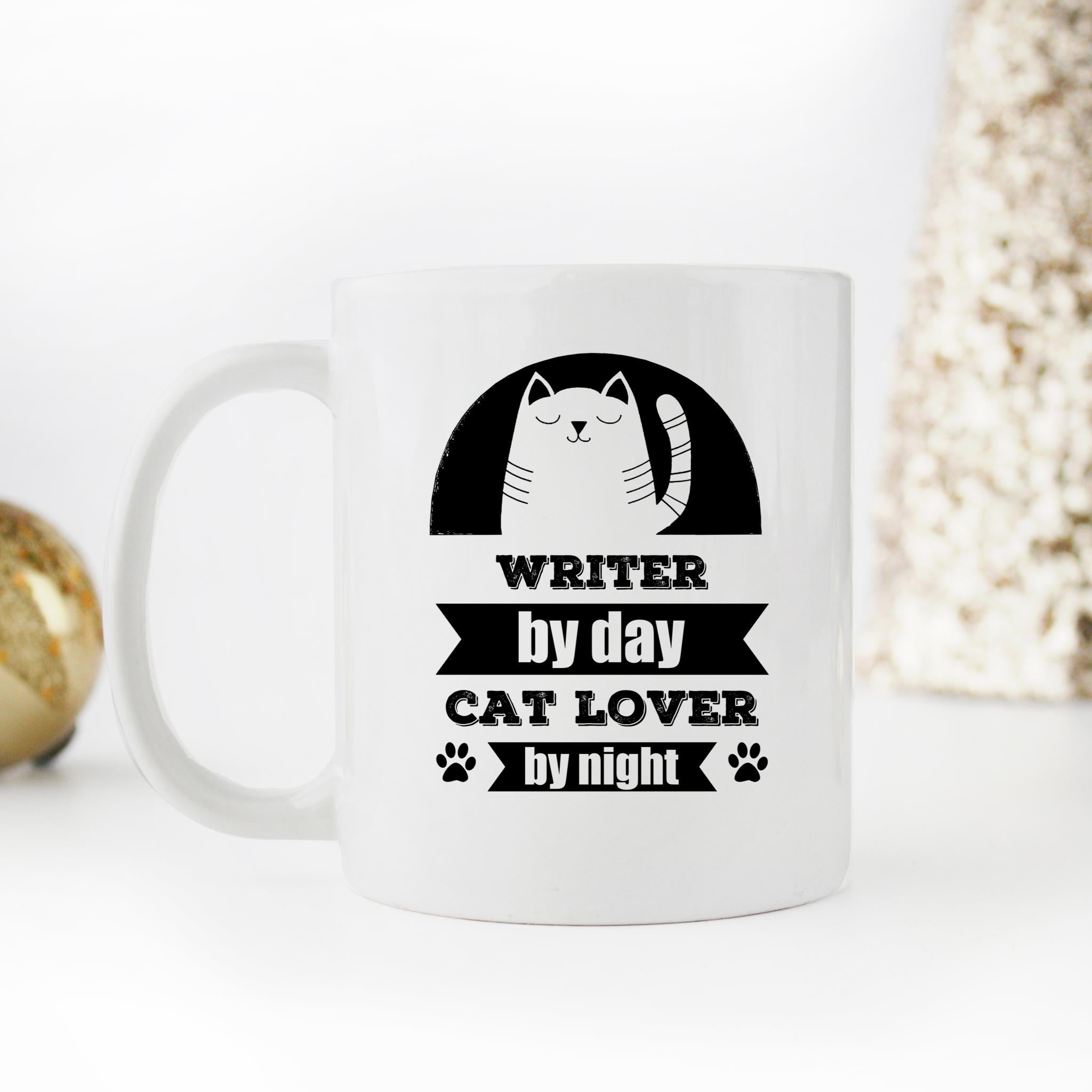 Skitongifts Funny Ceramic Novelty Coffee Mug Writer By Day Cat Lover By Night Perfect Funny hxzhmzY